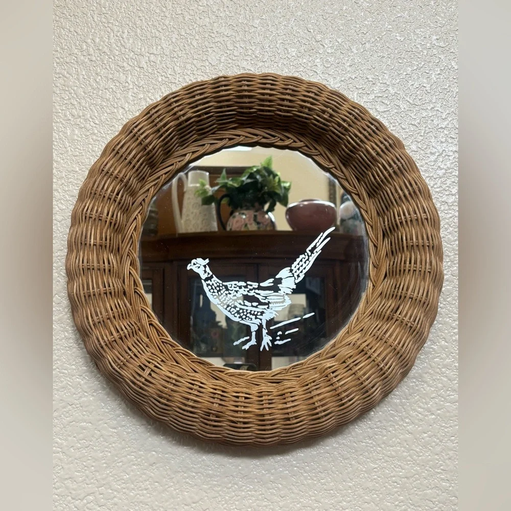 Round Wicker Wall Mirror with Bird Design